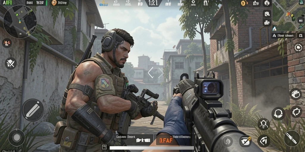 Screenshot gameplay AFAF dengan aksi pertempuran FPS yang intens.