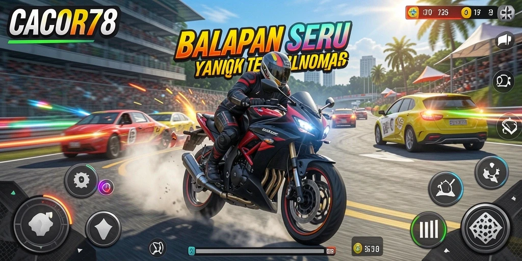 Screenshot menampilkan aksi balapan motor yang mendebarkan di CACOR78.