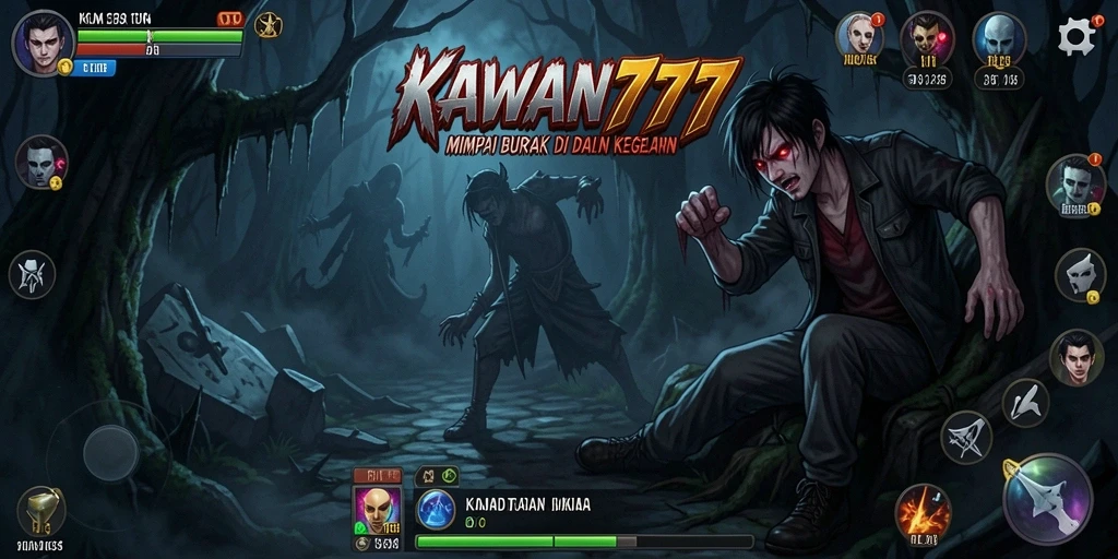 Screenshot menampilkan gameplay KAWAN777 dengan suasana horror yang intens.