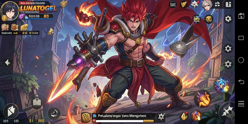 Tampilan gameplay LUNATOGEL yang penuh warna dan karakter dinamis.